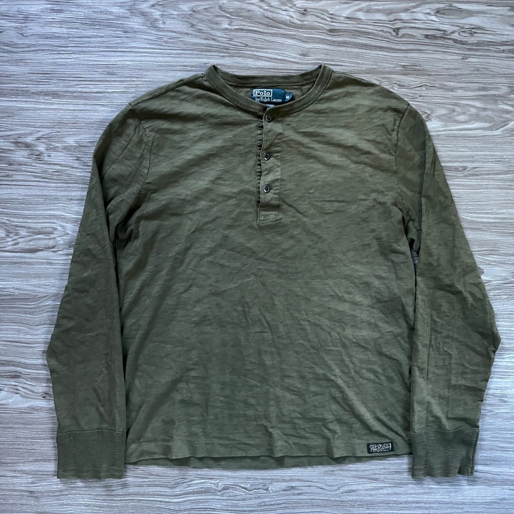 Polo Ralph Lauren Mens Slub Cotton Long Sleeve Henley Shirt Olive Green Medium